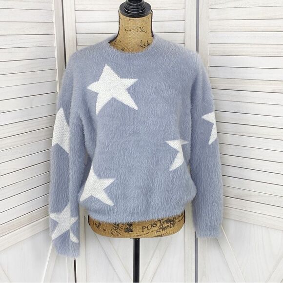 Cliche Stars Fuzzy Crop Pullover Sweater Blue White Medium - Picture 1 of 13